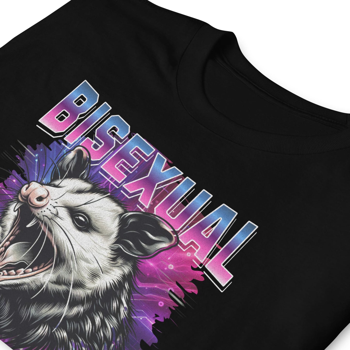 Black y2k bootleg t-shirt with an opossum graphic and the word 'BISEXUAL TENDENCIES' in colorful bi pride letters.