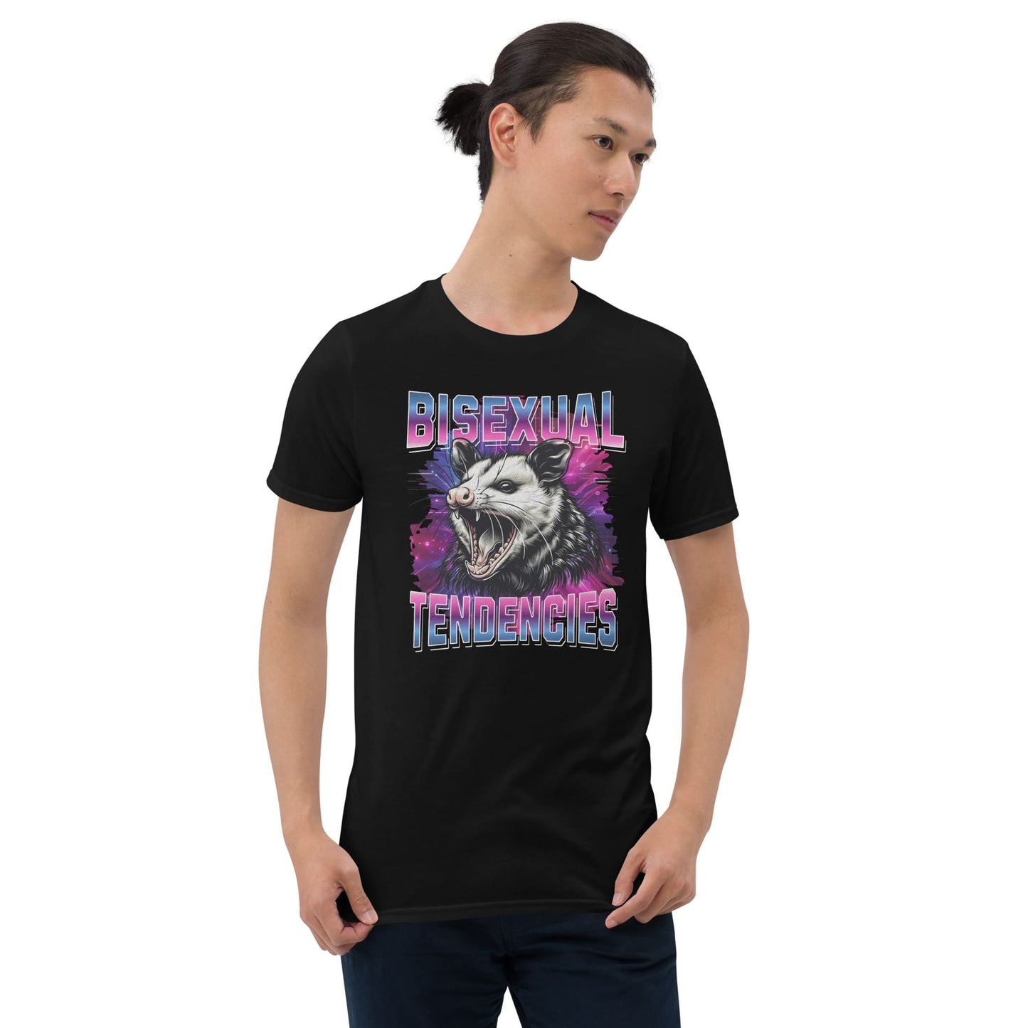 Person wearing a black bisexual t-shirt with a graphic design and text on a white background