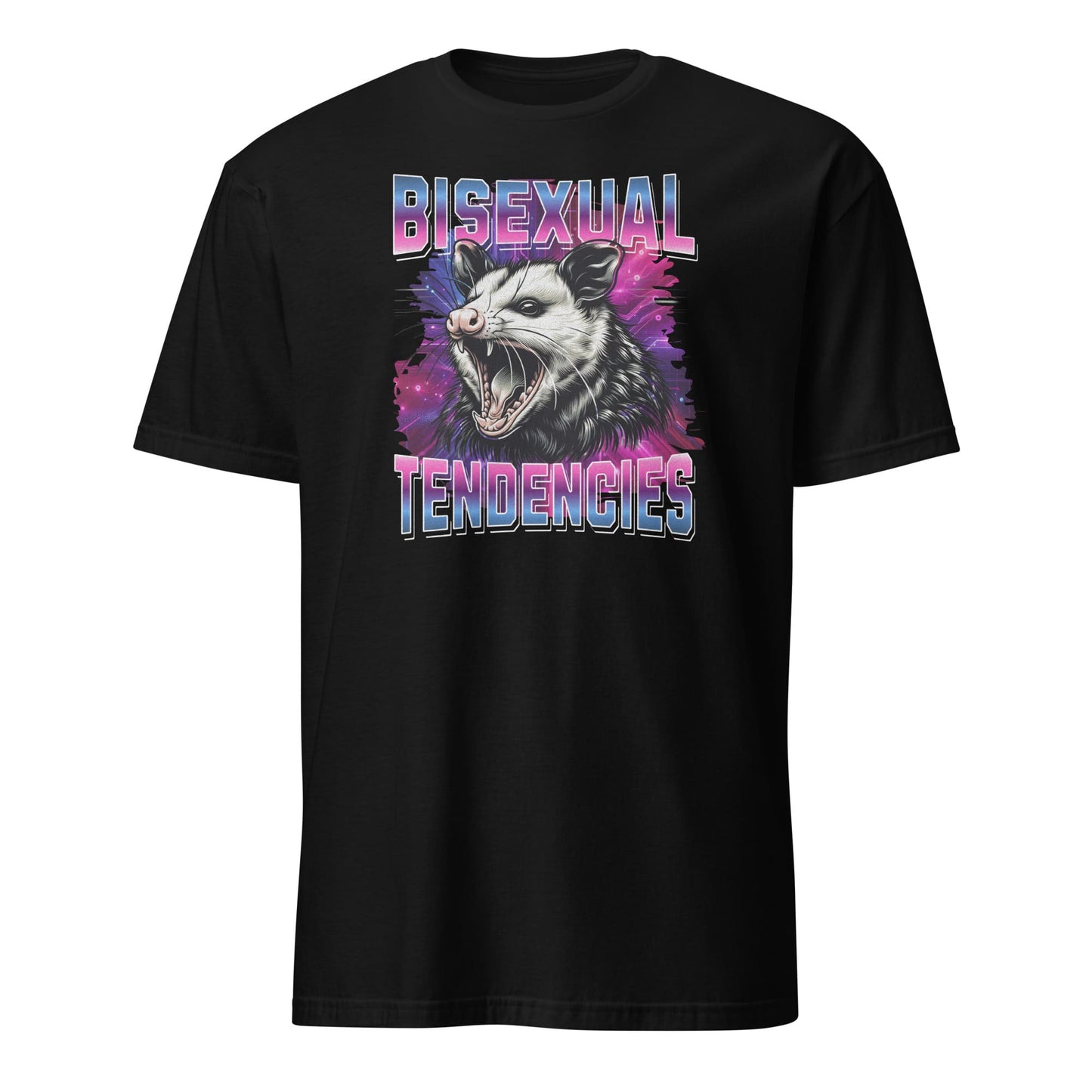 Black t-shirt with a graphic of an opossum and 'Bisexual Tendencies' text on a white background