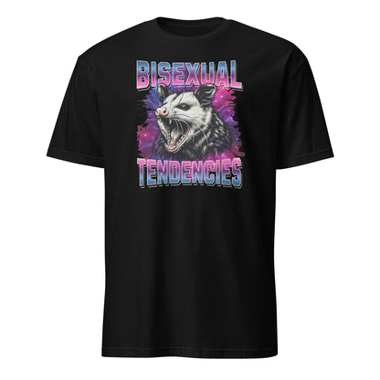 Black t-shirt with a graphic of an opossum and 'Bisexual Tendencies' text on a white background