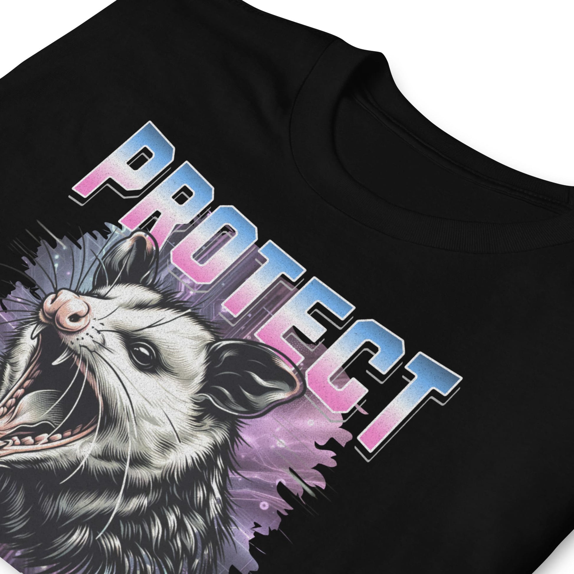 Black y2k bootleg transgender  t-shirt with an opossum graphic and 'PROTECT TRANS KIDS' text on a white background