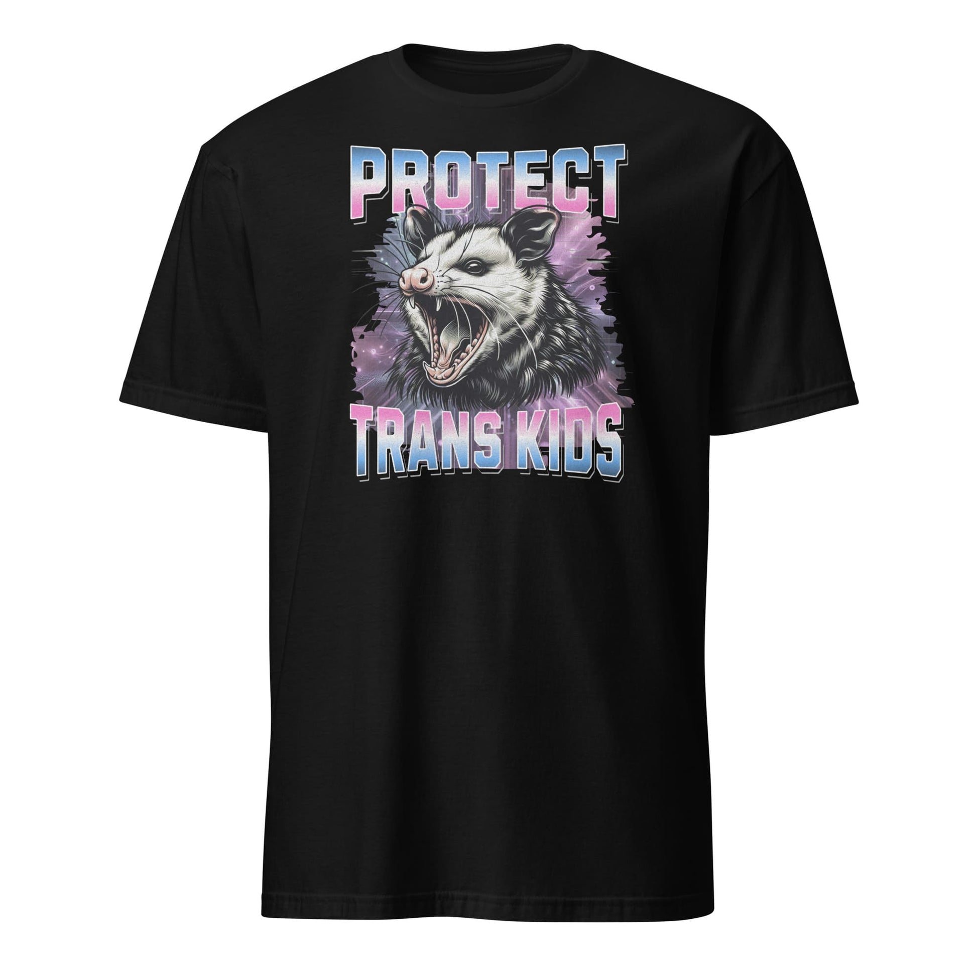 Black bootleg Y2K transgender  t-shirt with an opossum graphic and text 'PROTECT TRANS KIDS' on a white background