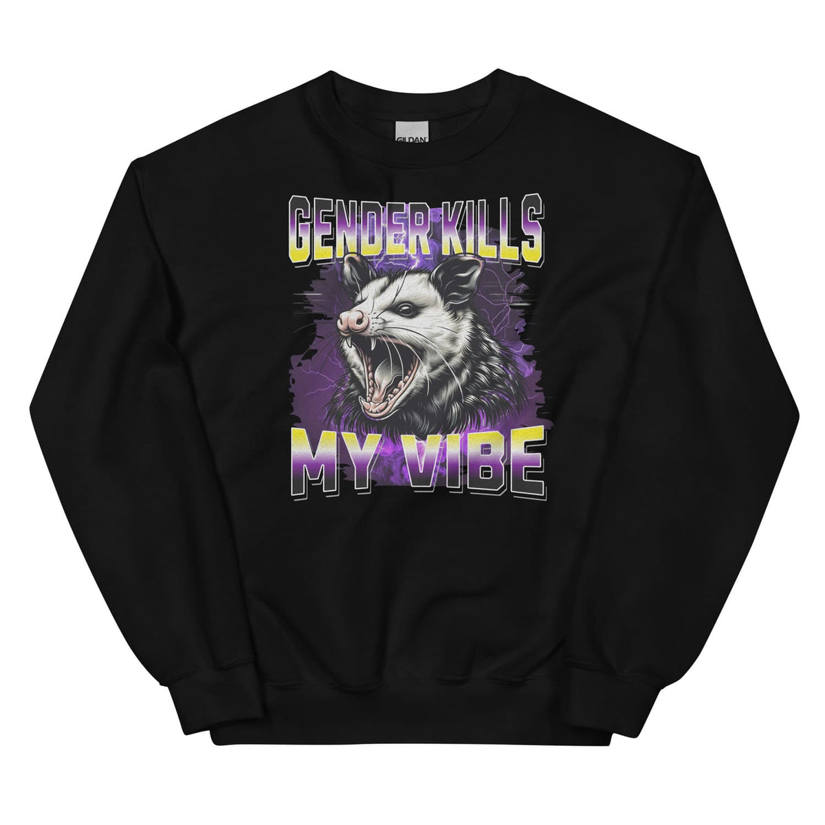 Black nonbinary sweatshirt with an opossum graphic and text on a white background