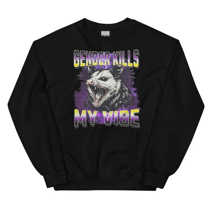 Black nonbinary sweatshirt with an opossum graphic and text on a white background