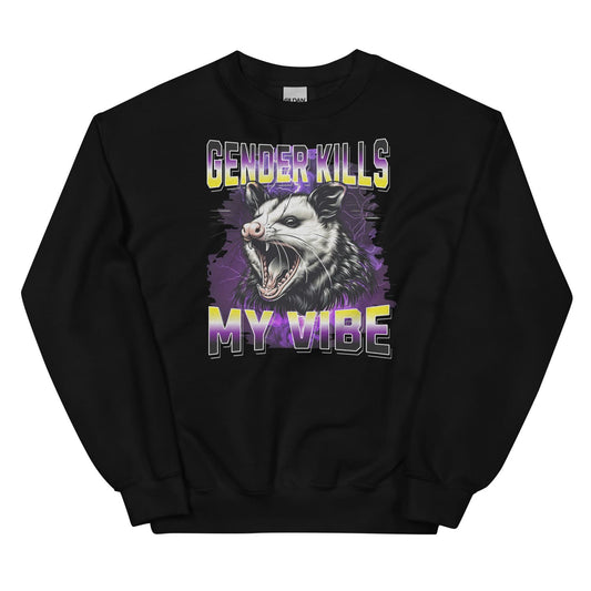 Black nonbinary sweatshirt with an opossum graphic and text on a white background