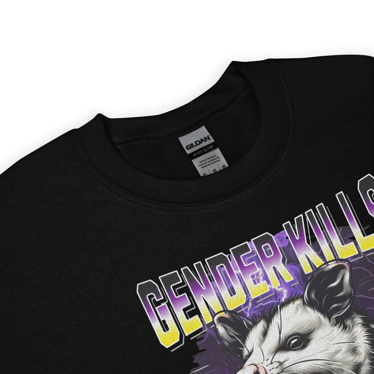 Black sweatshirt with a graphic design featuring an opossum and text on a white background