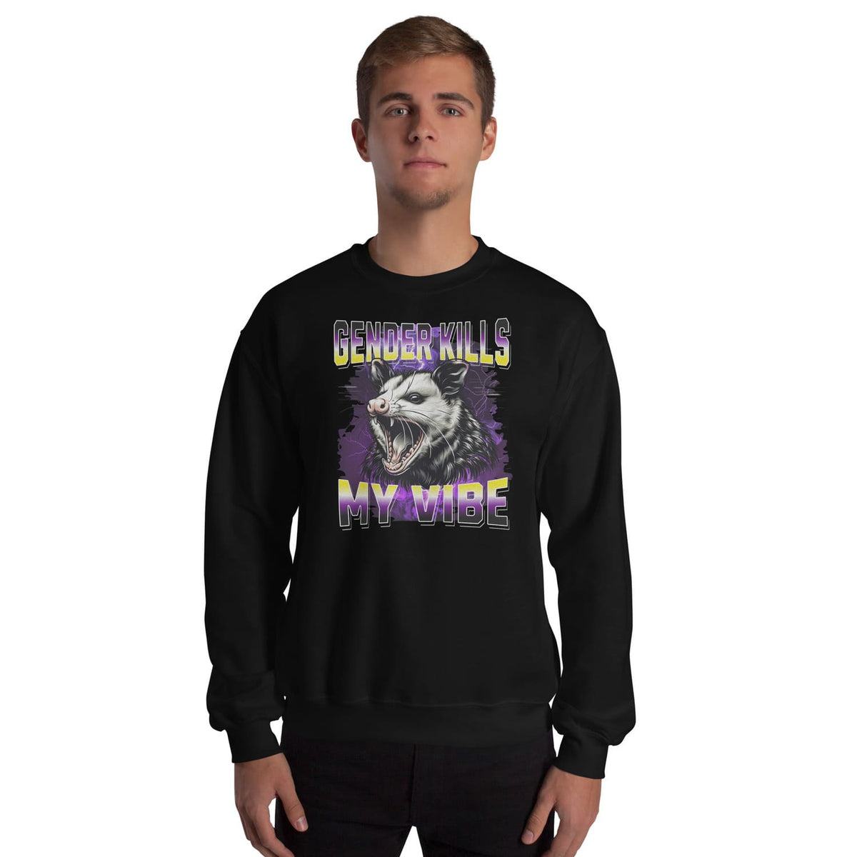 Person wearing a black enby pride sweatshirt with a graphic design and text on a white background