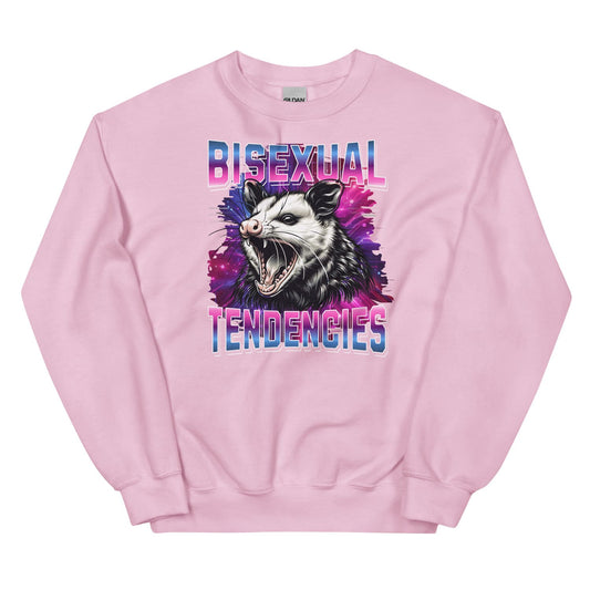 Pink sweatshirt with an opossum graphic and 'Bisexual Tendencies' text on a white background