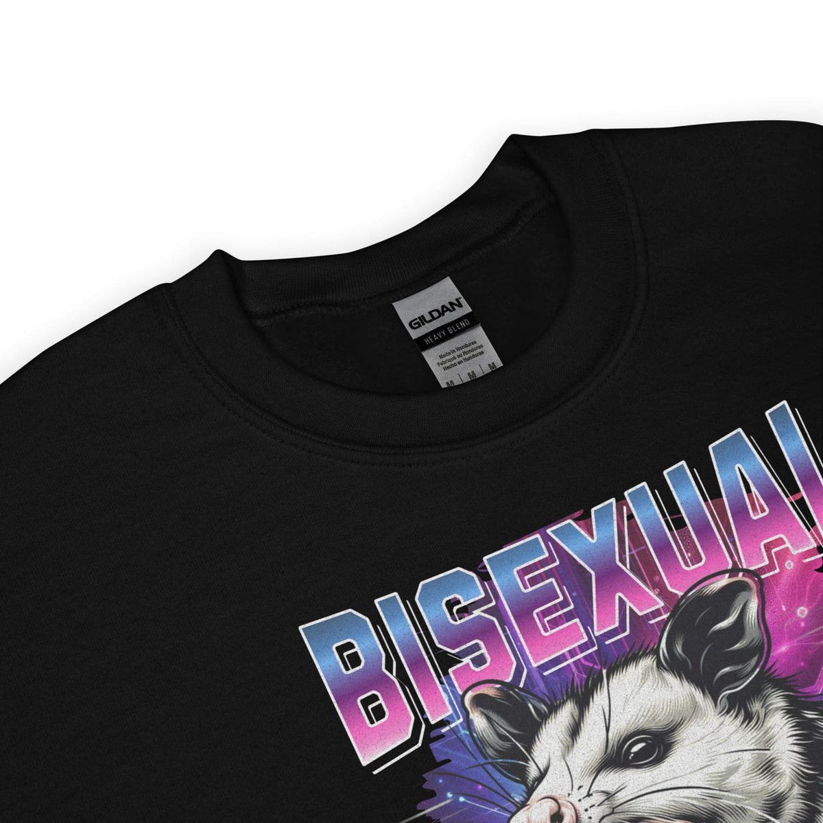 Black sweatshirt with a graphic design of an opossum and the word 'BISexual tendencies' in colorful letters, brand label visible.