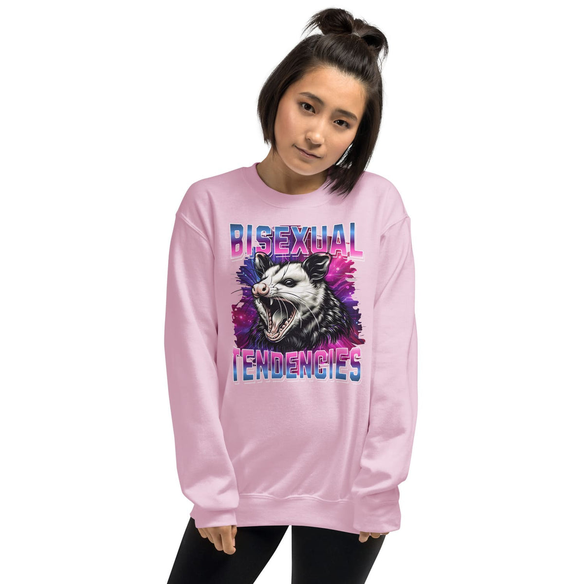 Person wearing a pink bisexual sweatshirt with a graphic design and text on a white background