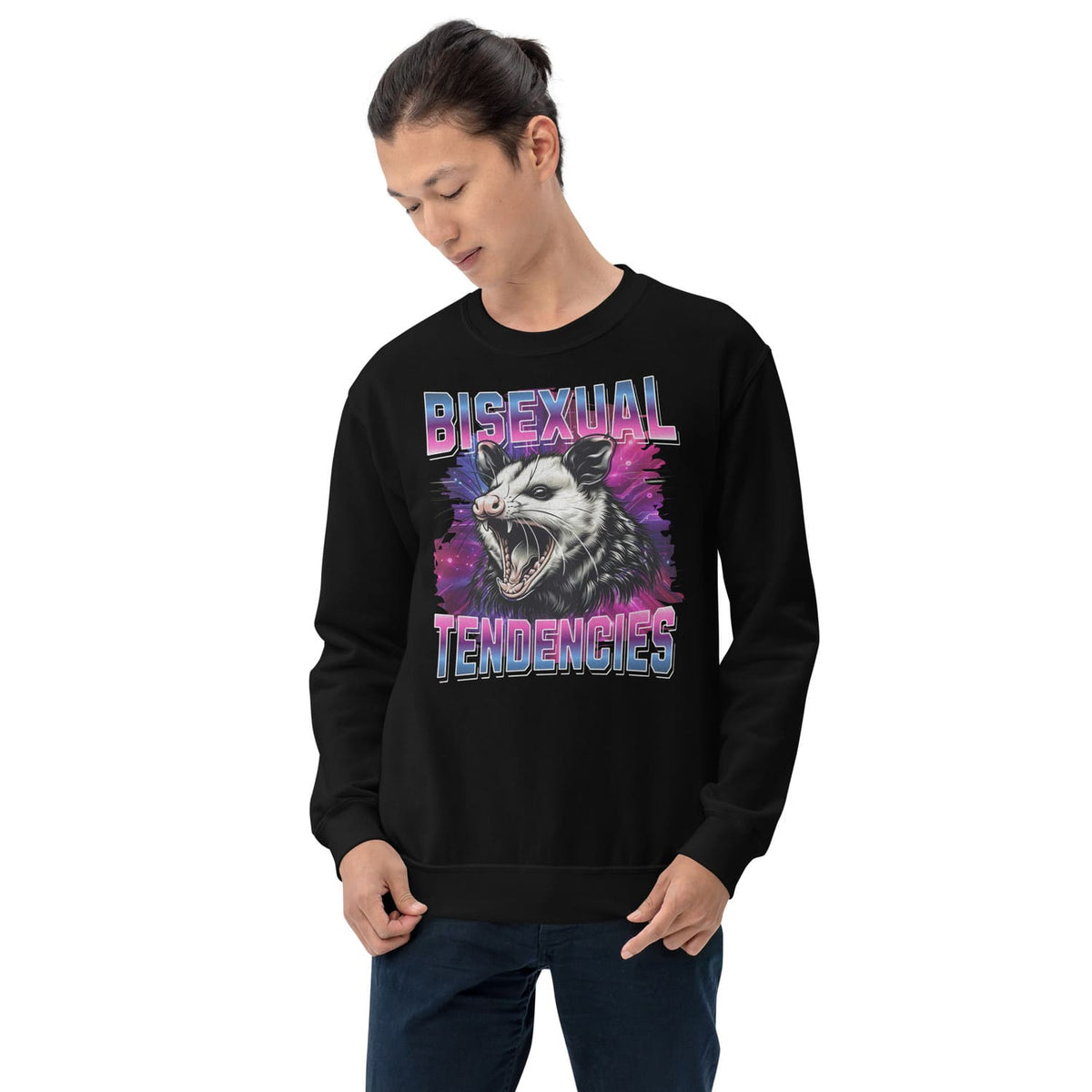 Person wearing a black bisexual sweatshirt with a graphic design and text on a white background