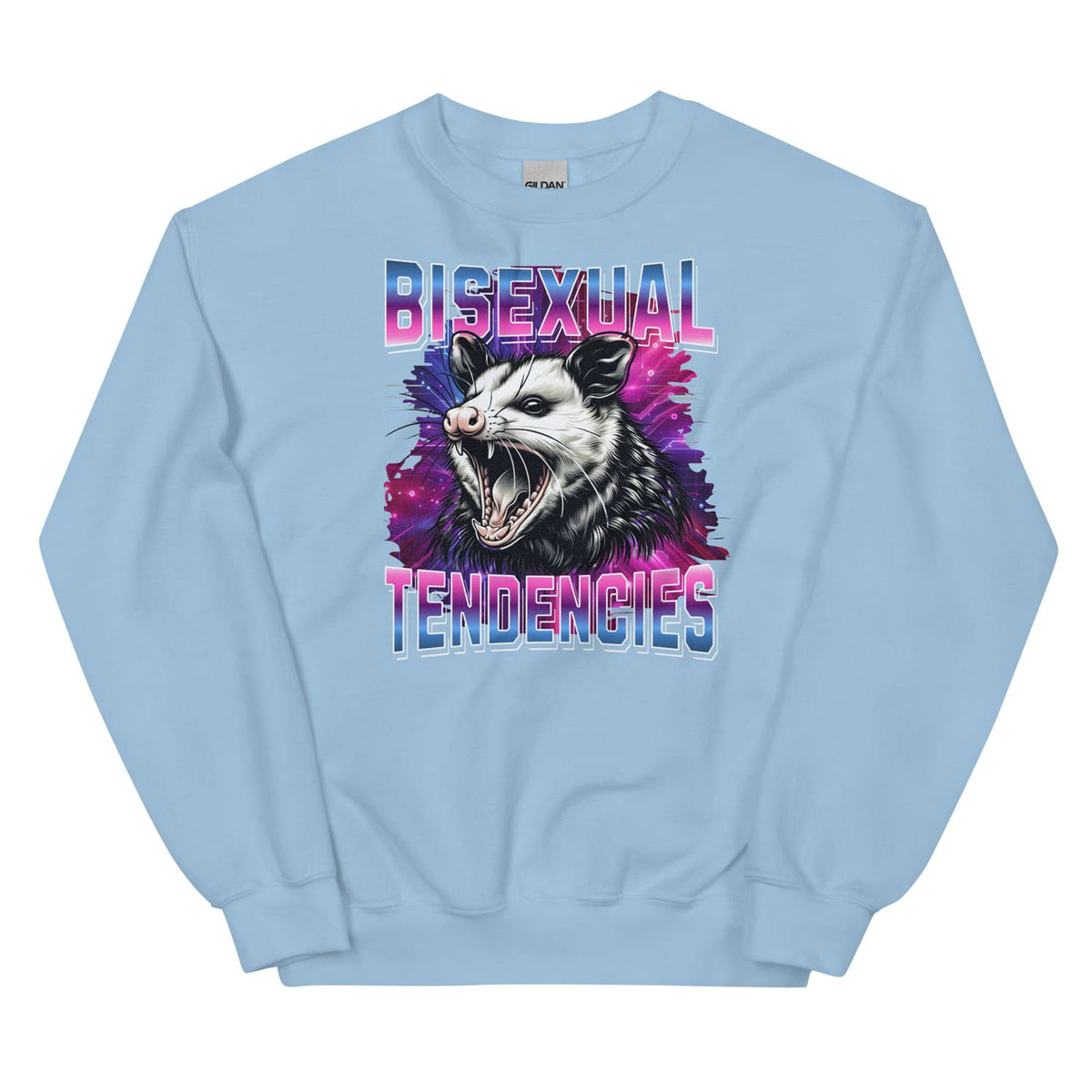Light blue sweatshirt with a graphic of an opossum and text 'Bisexual Tendencies' on a white background