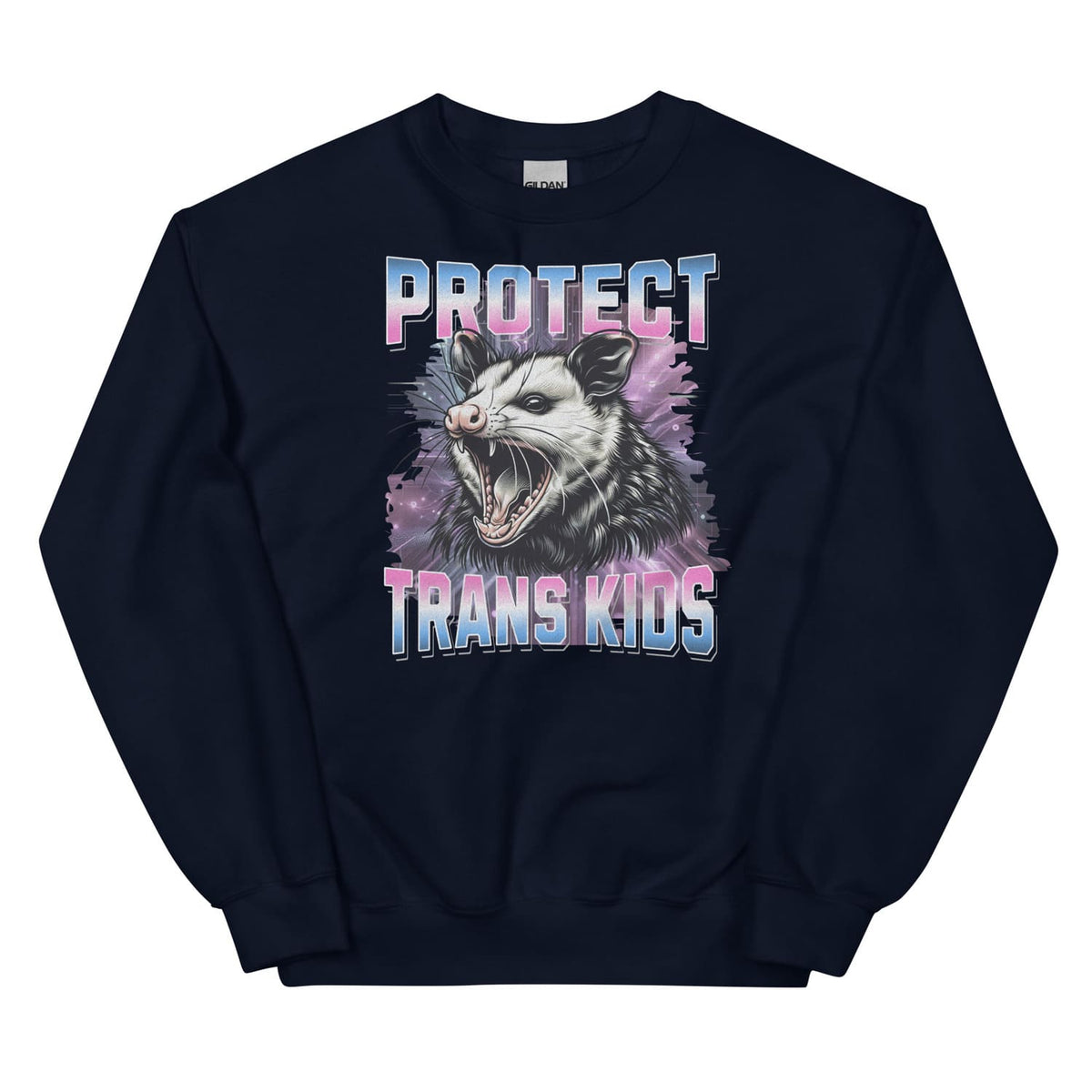 Navy sweatshirt with an opossum graphic and text 'PROTECT TRANS KIDS' on a white background