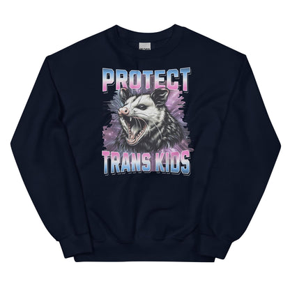 Navy sweatshirt with an opossum graphic and text 'PROTECT TRANS KIDS' on a white background