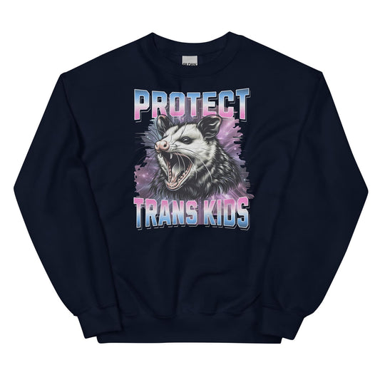 Navy sweatshirt with an opossum graphic and text 'PROTECT TRANS KIDS' on a white background