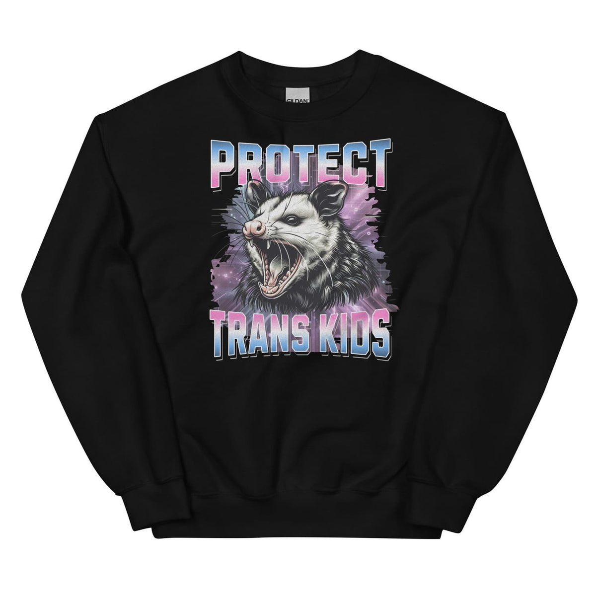 Black sweatshirt with an opossum graphic and 'Protect Trans Kids' text on a white background