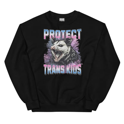 Black sweatshirt with an opossum graphic and 'Protect Trans Kids' text on a white background