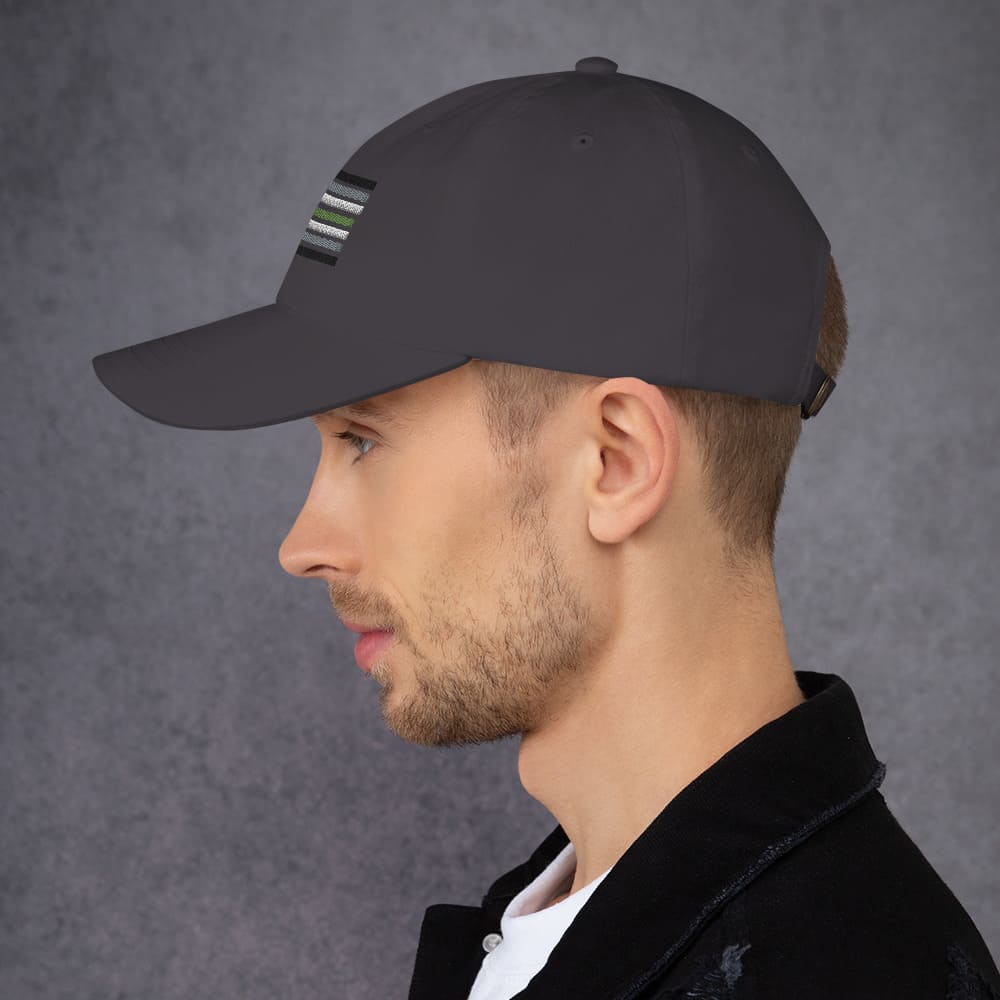 agender hat, genderless pride embroidered cap, model left