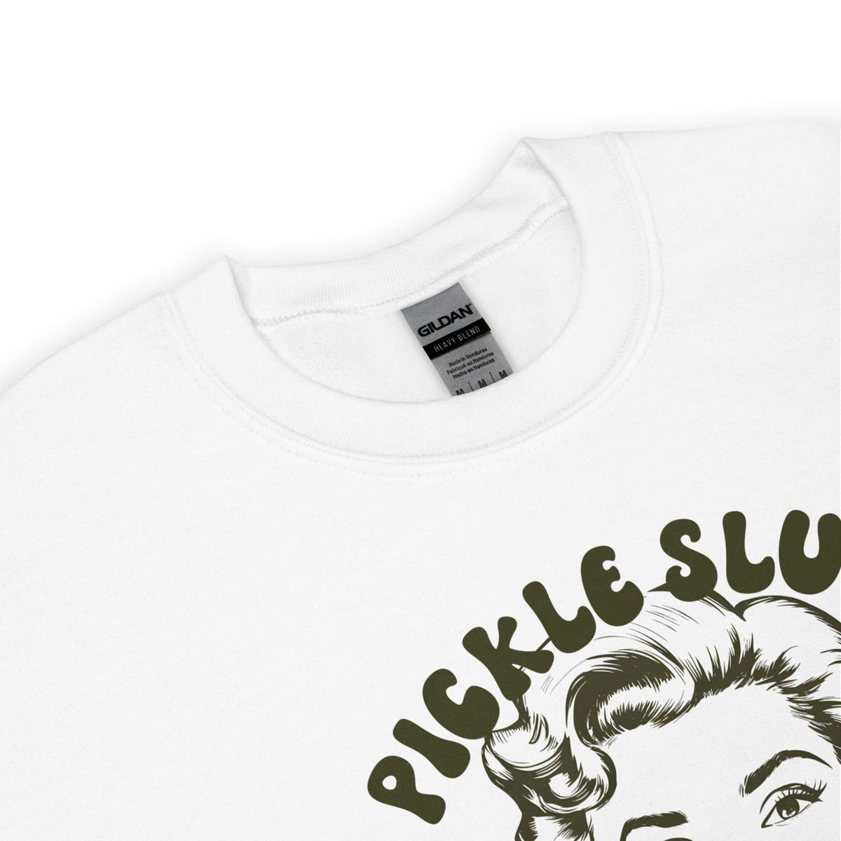 White sweatshirt with graphic design and 'Pickle Slut' text on a white background