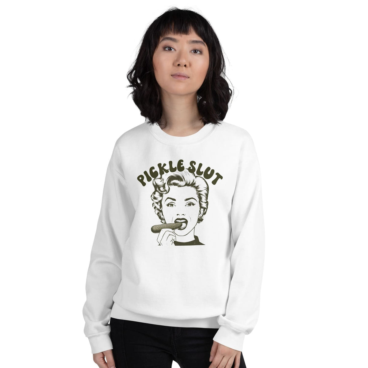 Person wearing a white sweatshirt with a naughty retro graphic design and text on a white background
