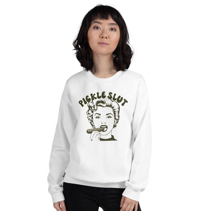 Person wearing a white sweatshirt with a naughty retro graphic design and text on a white background