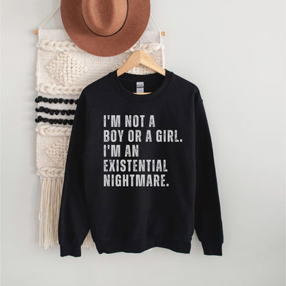 Black non binary sweatshirt with text 'I'm not a boy or a girl. I'm an existential nightmare' on a hanger against a white wall.