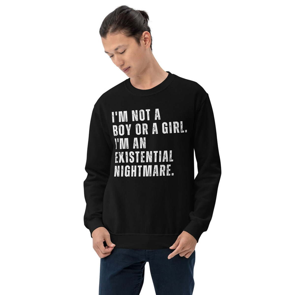 Person wearing a black nonbinary sweatshirt with text on a white background