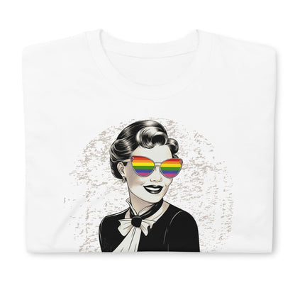 Retro LGBT t-shirt more pride less prejudice, folded