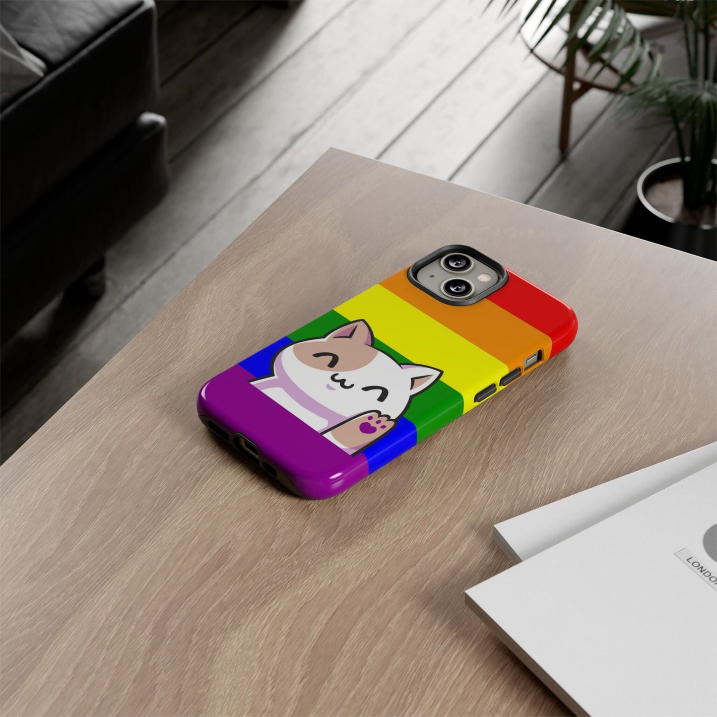 lgbt pride phone case kawaii cat, on table