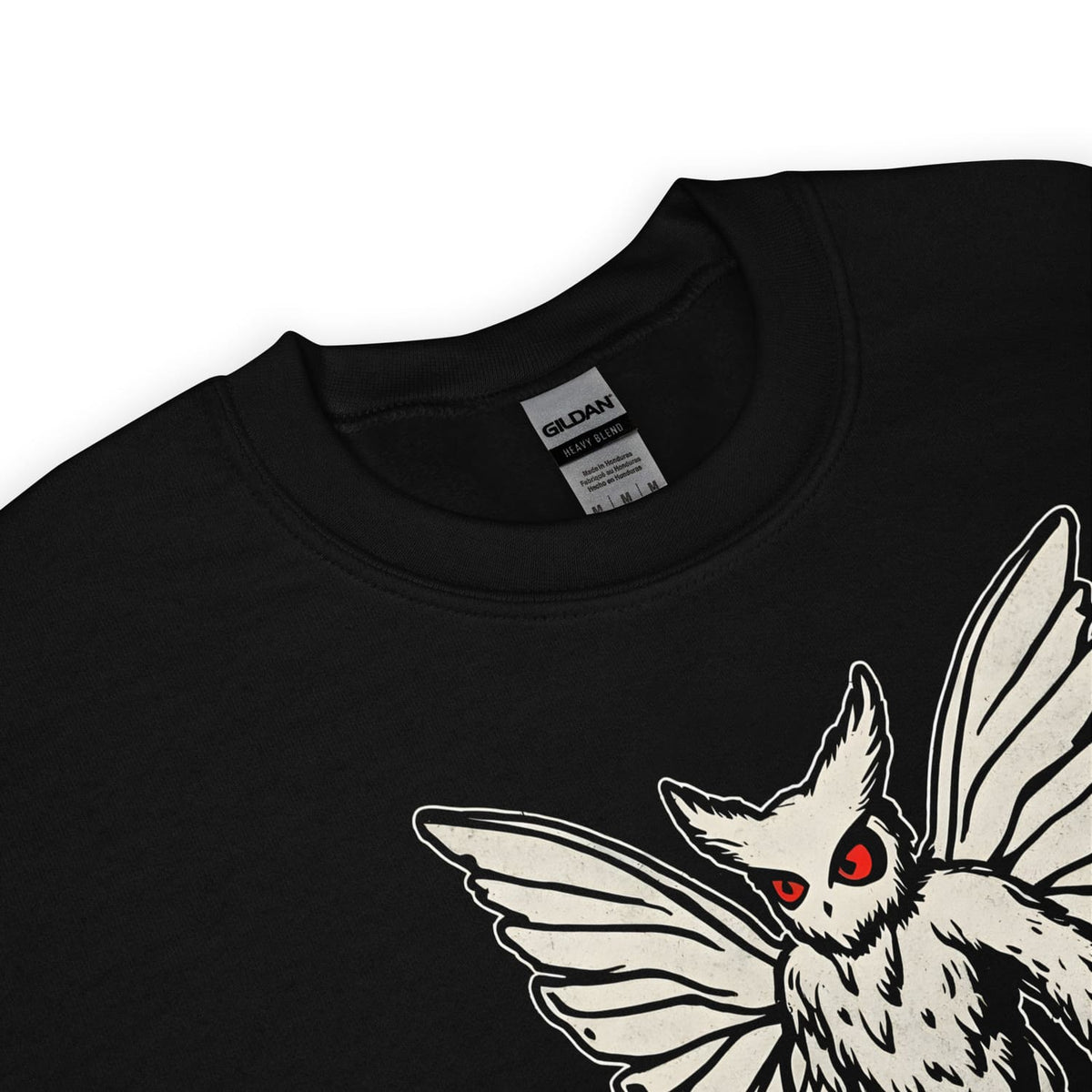 Black sweatshirt with a funny mothman design featuring red eyes on a white background