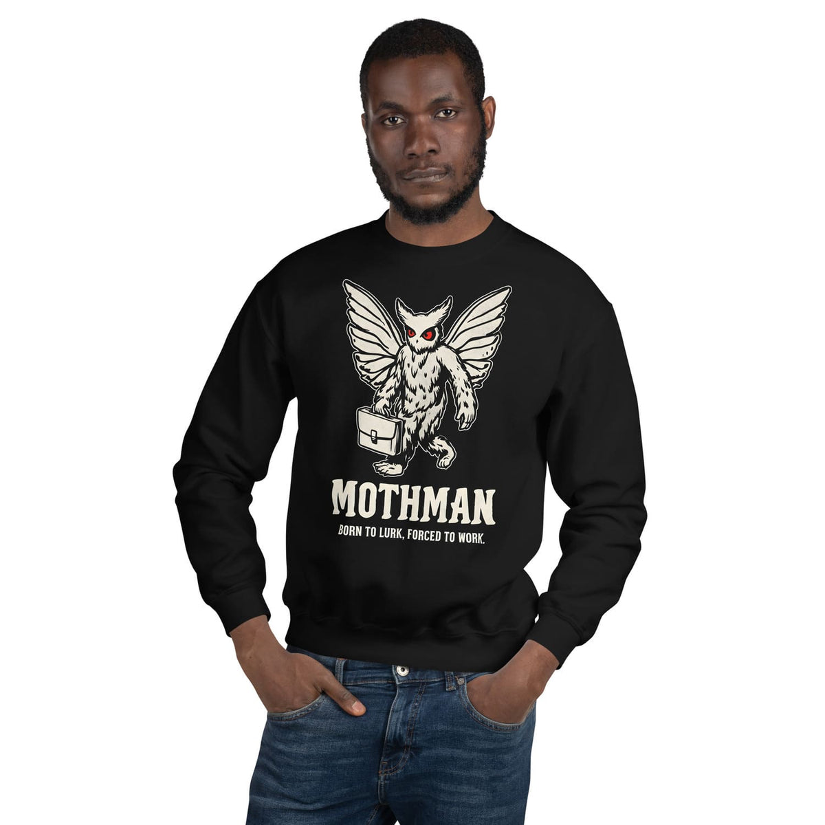 Man wearing a black sweatshirt with Mothman graphic and text on a white background