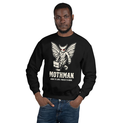Man wearing a black sweatshirt with Mothman graphic and text on a white background