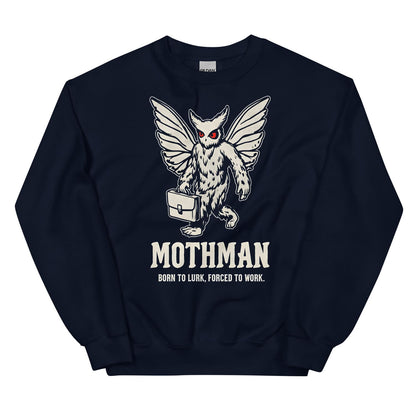 Navy sweatshirt with Mothman graphic and text on a white background