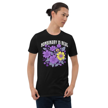 floral nonbinary shirt, model 1