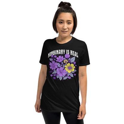 floral nonbinary shirt, model 2