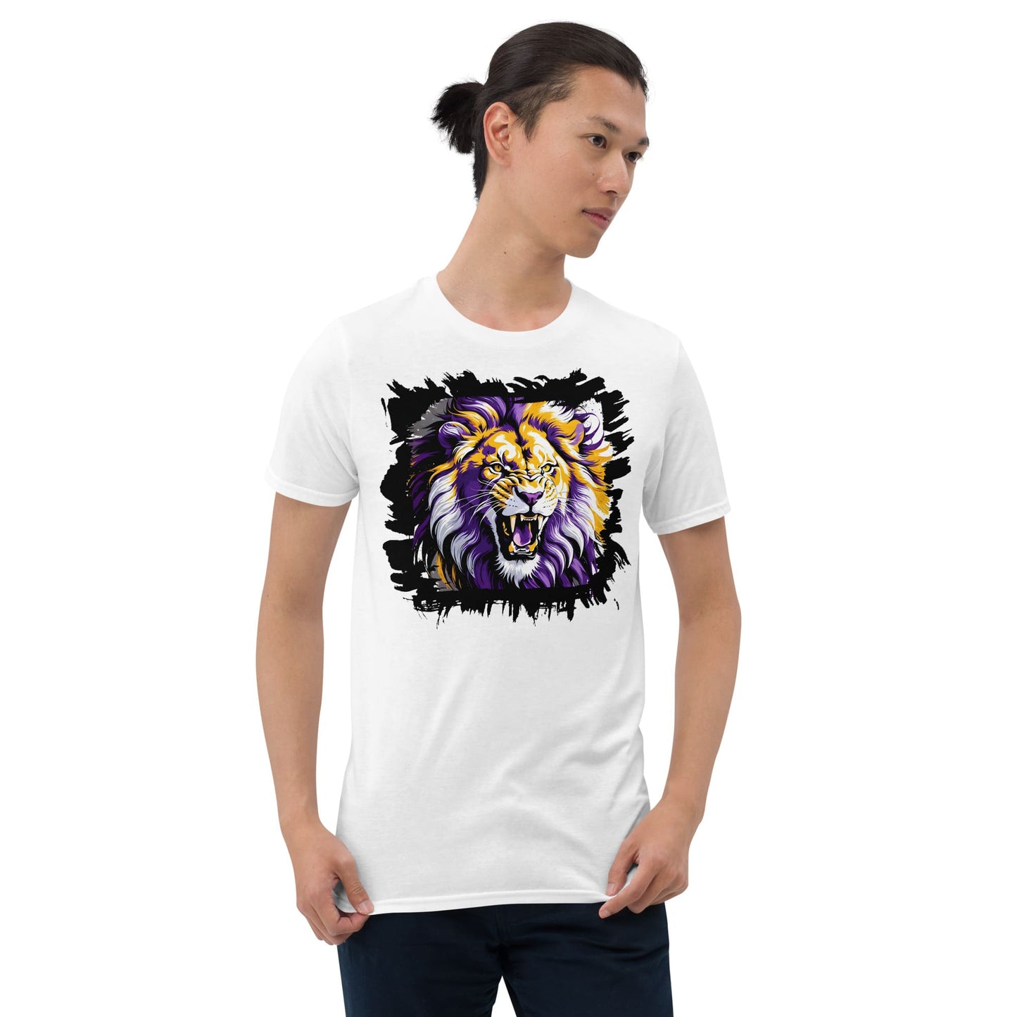 Subtle nonbinary t-shirt with roaring lion, model 1