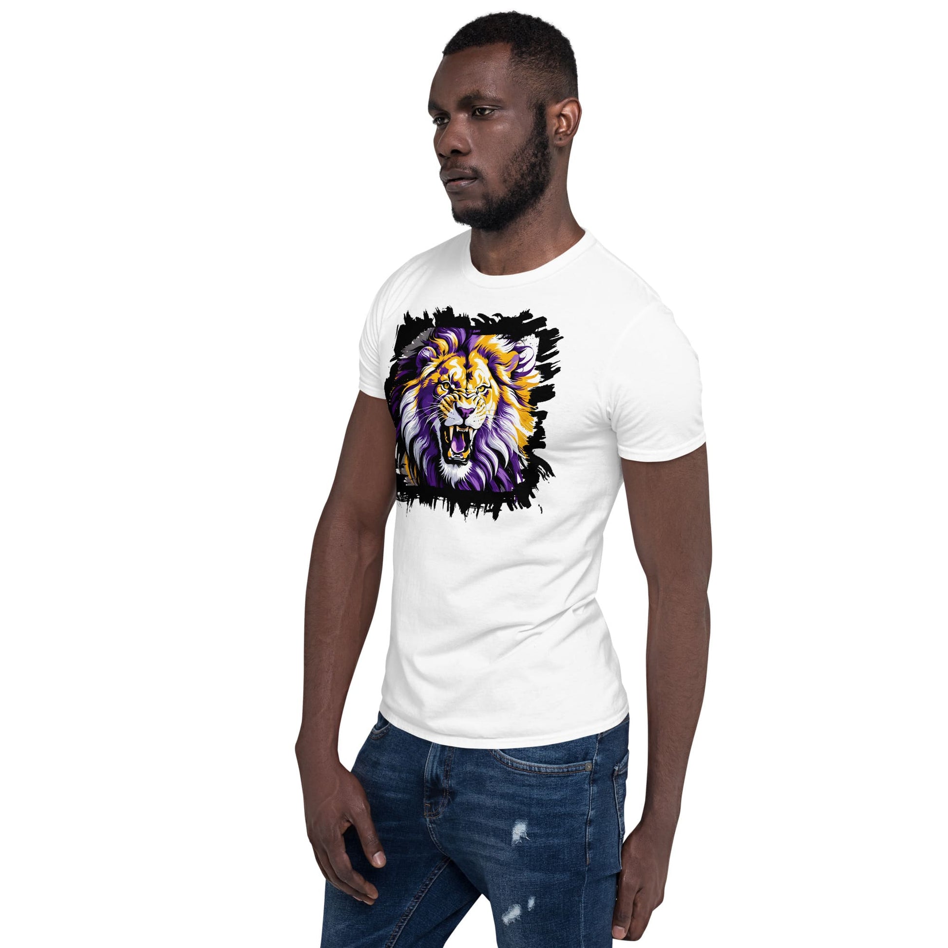 Subtle nonbinary t-shirt with roaring lion, model 2