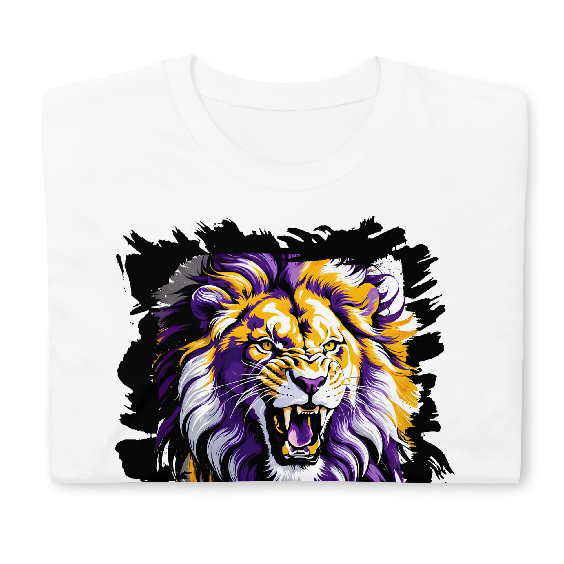 Subtle nonbinary t-shirt with roaring lion, folded