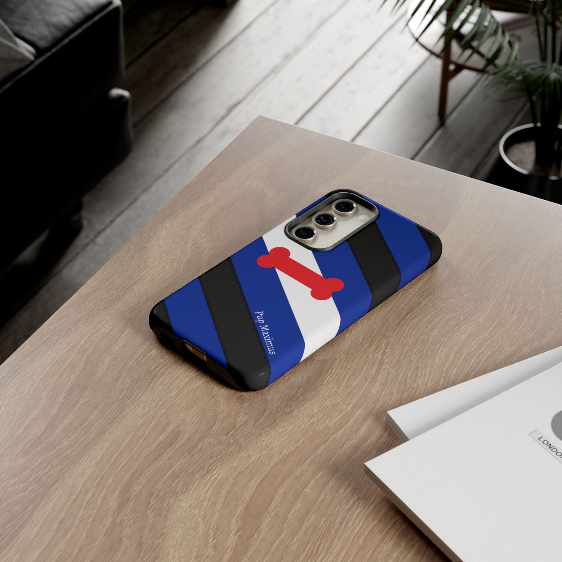 personalised pup play phone case, on table