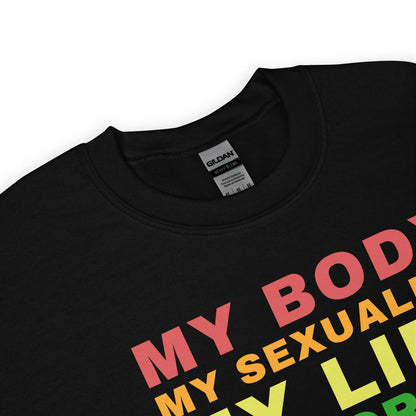 Black pride sweatshirt with colorful text on a white background; zoom in