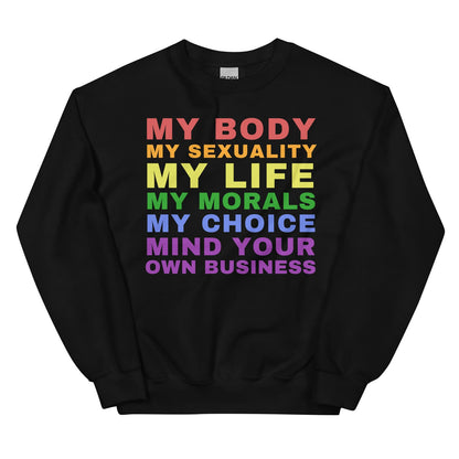 Black sweatshirt with rainbow-colored text on a white background
