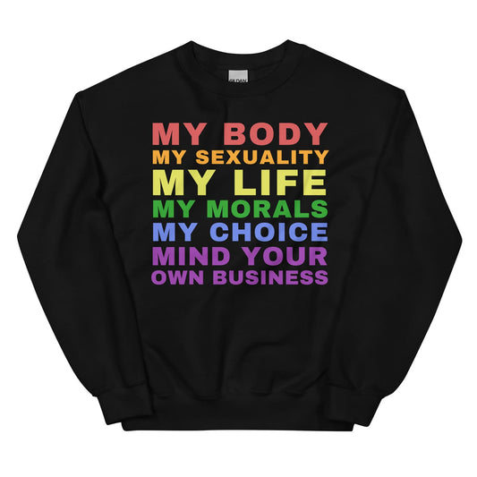 Black sweatshirt with rainbow-colored text on a white background
