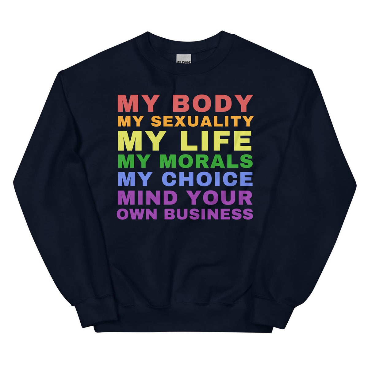 Navy sweatshirt with rainbow-colored text on a white background