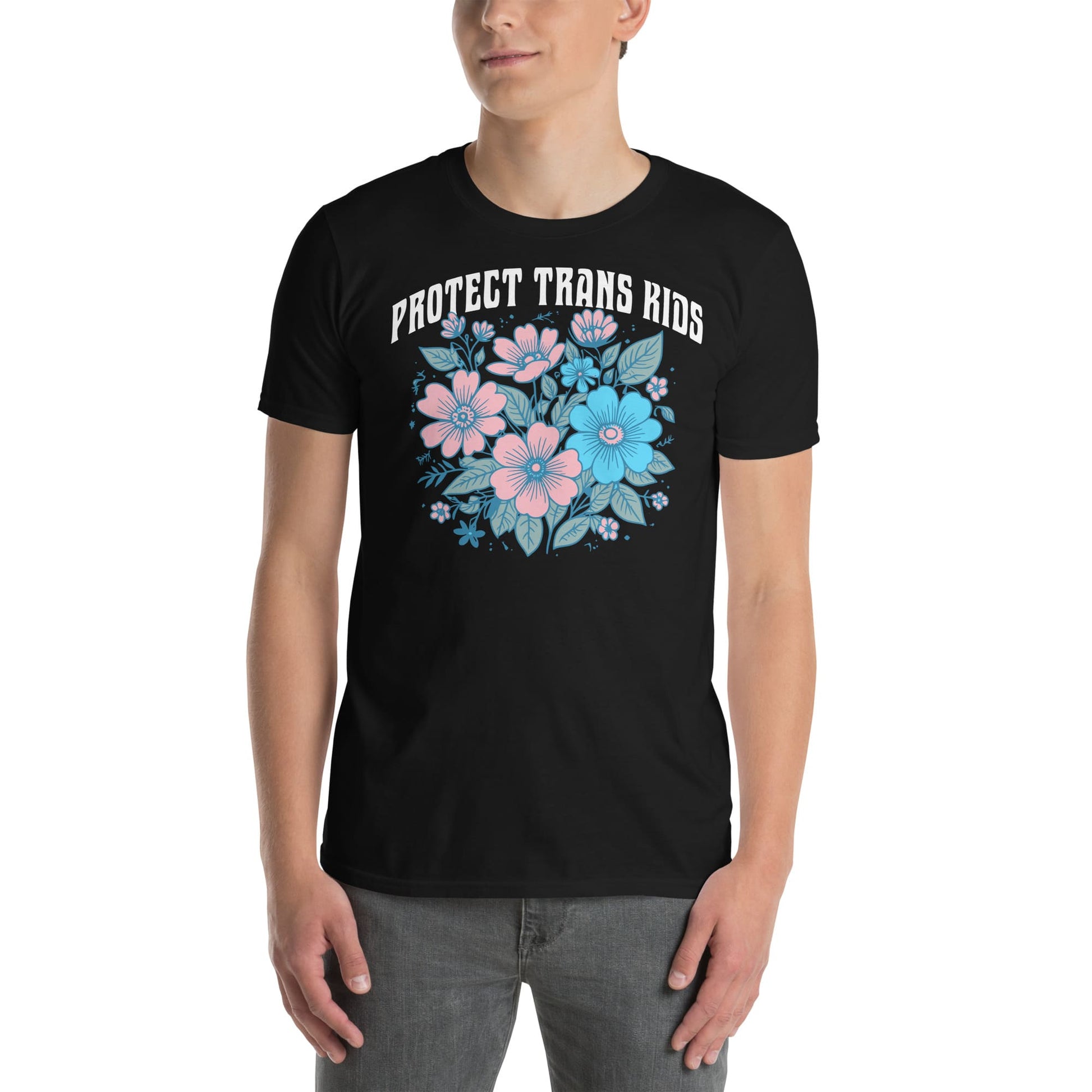 protect trans kids floral transgender shirt, model 2