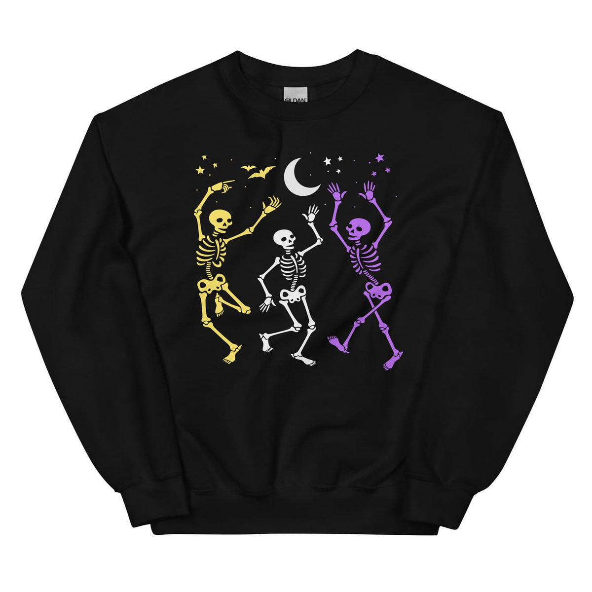 Black sweatshirt with nonbinary skeleton designs on a white background