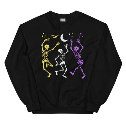 Black sweatshirt with nonbinary skeleton designs on a white background