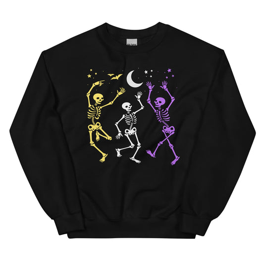 Black sweatshirt with nonbinary skeleton designs on a white background