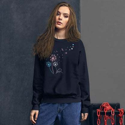 mtf Woman wearing a navy blue transgender sweatshirt with a floral design against a dark background