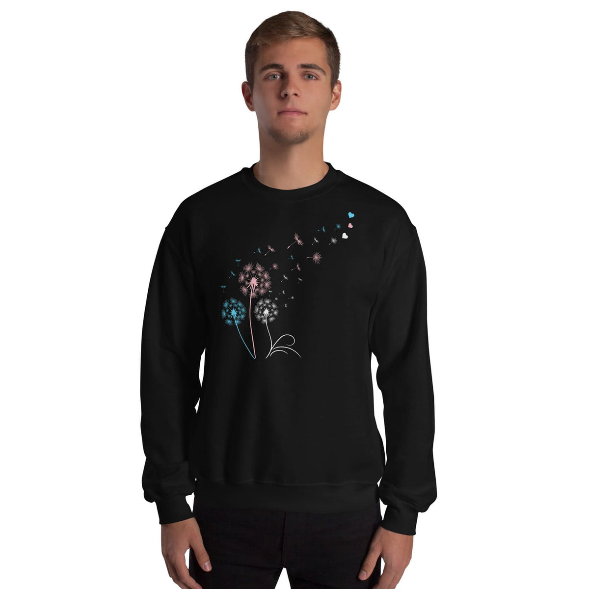 ftm Person wearing a black transgender sweatshirt with a colorful dandelion design on a white background
