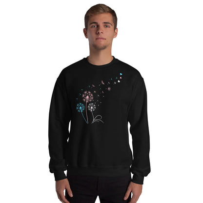 ftm Person wearing a black transgender sweatshirt with a colorful dandelion design on a white background
